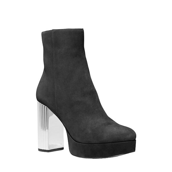 MICHAEL KORS PLATFORM BOOTS PORTER BLACK SUEDE SIZE 10 MIRRORED BLOCK HEEL - Picture 1 of 4